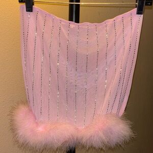 Dolls Kill Pink Skirt with Rhinestone Stripes and Faux Fur Trim NWOT